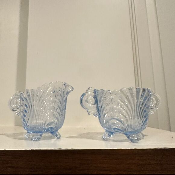 Vintage Blue Cambridge Glass Caprice Moonlight Blue Footed Sugar & Creamer 3” - Picture 2 of 11